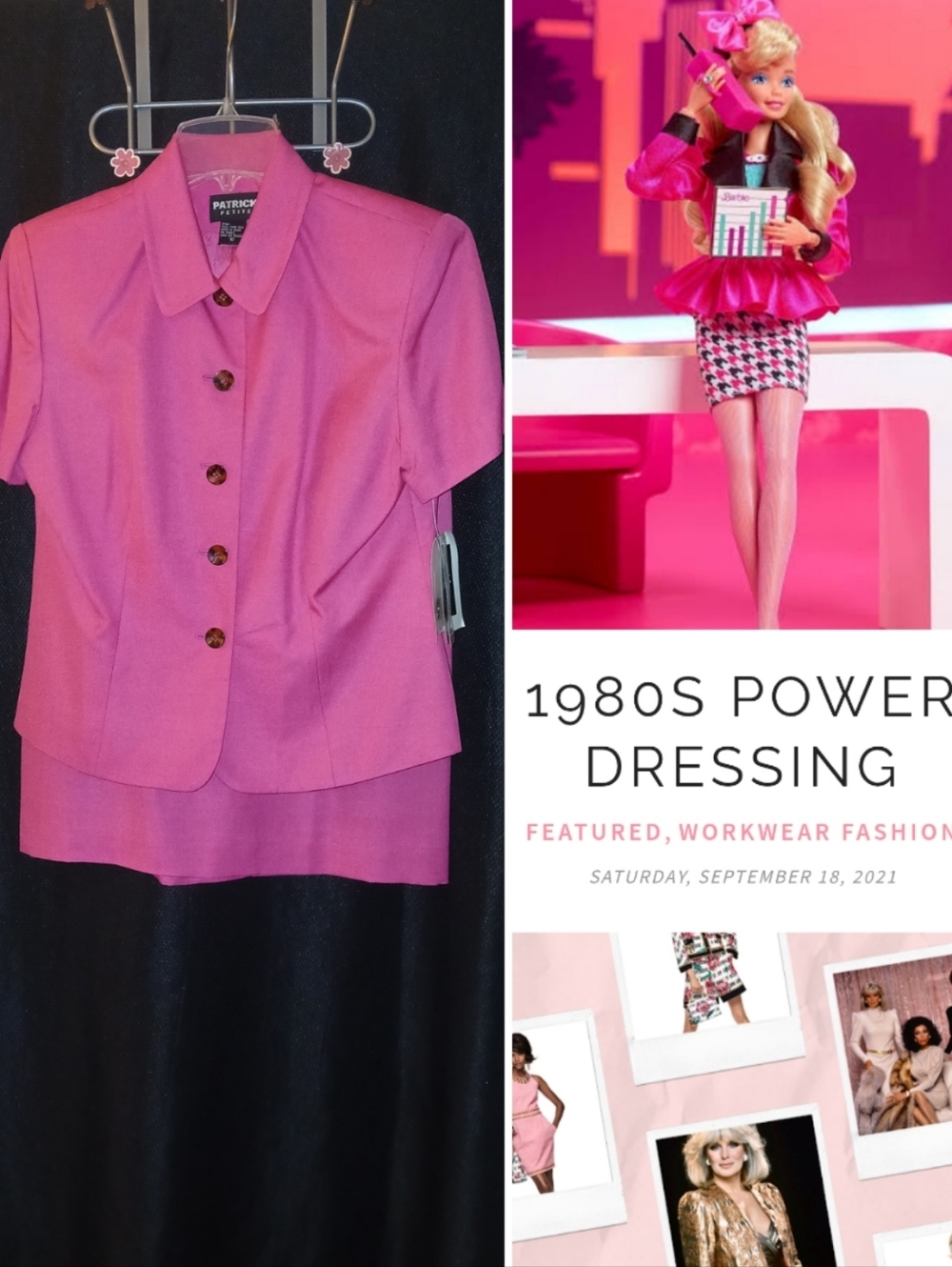 VTG 80s Power Suit! 100% Silk Short Sleeve Skirt Set Patrick Petite, Barbie Pink